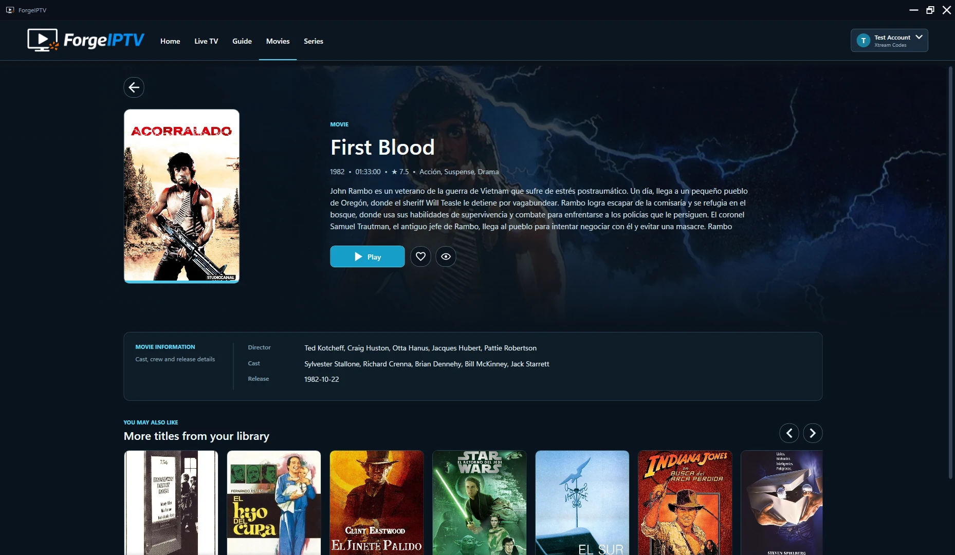 ForgeIPTV Windows movie details with artwork, metadata and playback controls