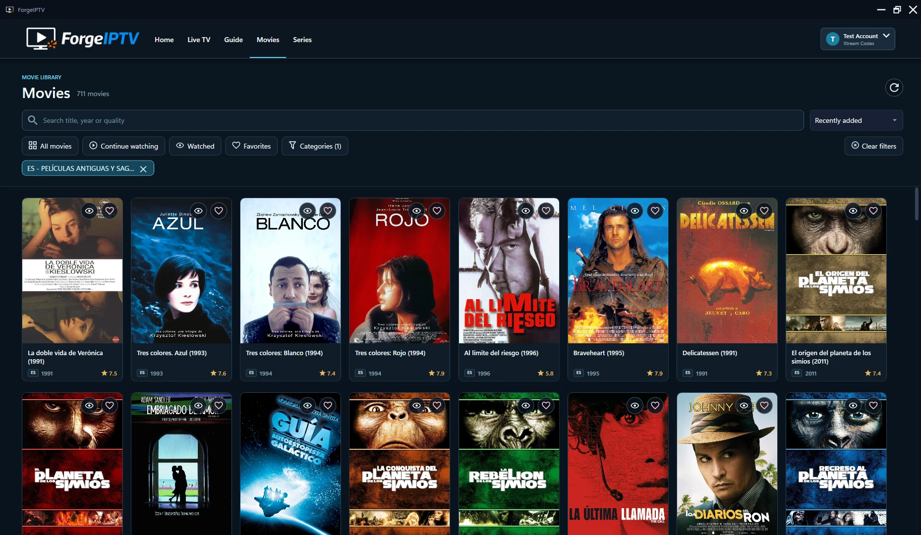 ForgeIPTV Windows movie library with artwork, categories and search