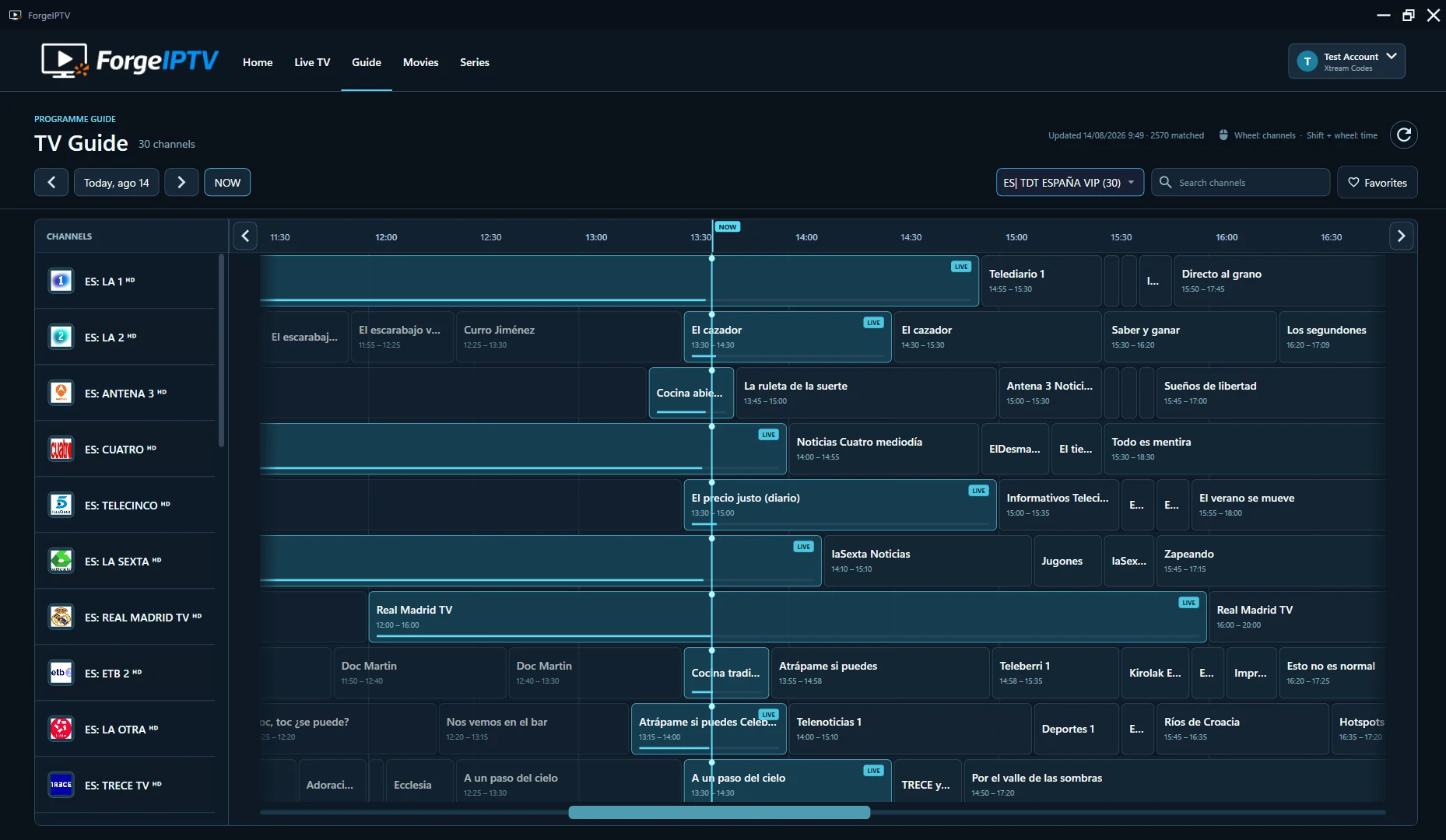 ForgeIPTV Windows TV Guide with channels and a programme timeline
