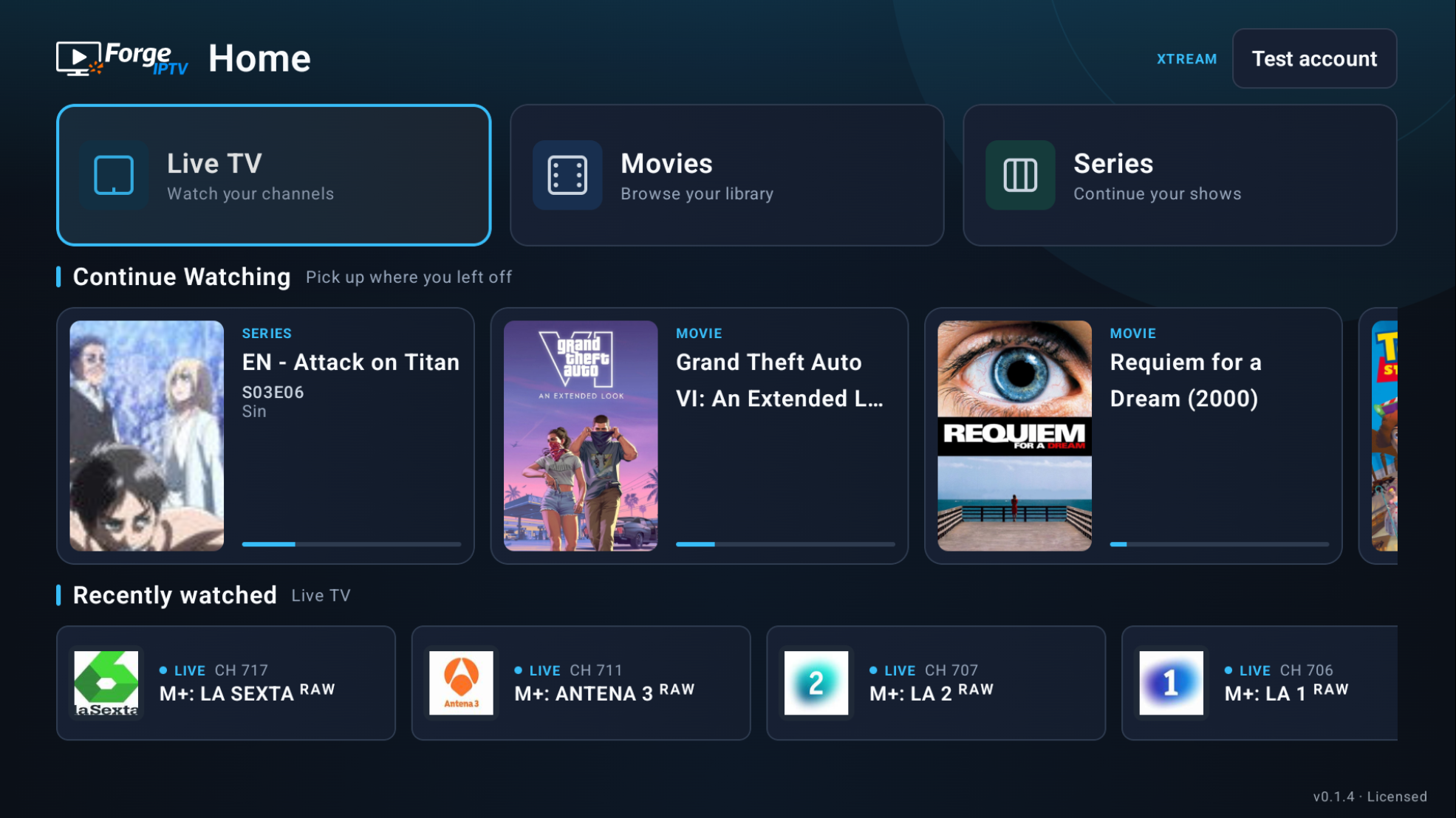 Continue Watching row in the ForgeIPTV Android TV home screen