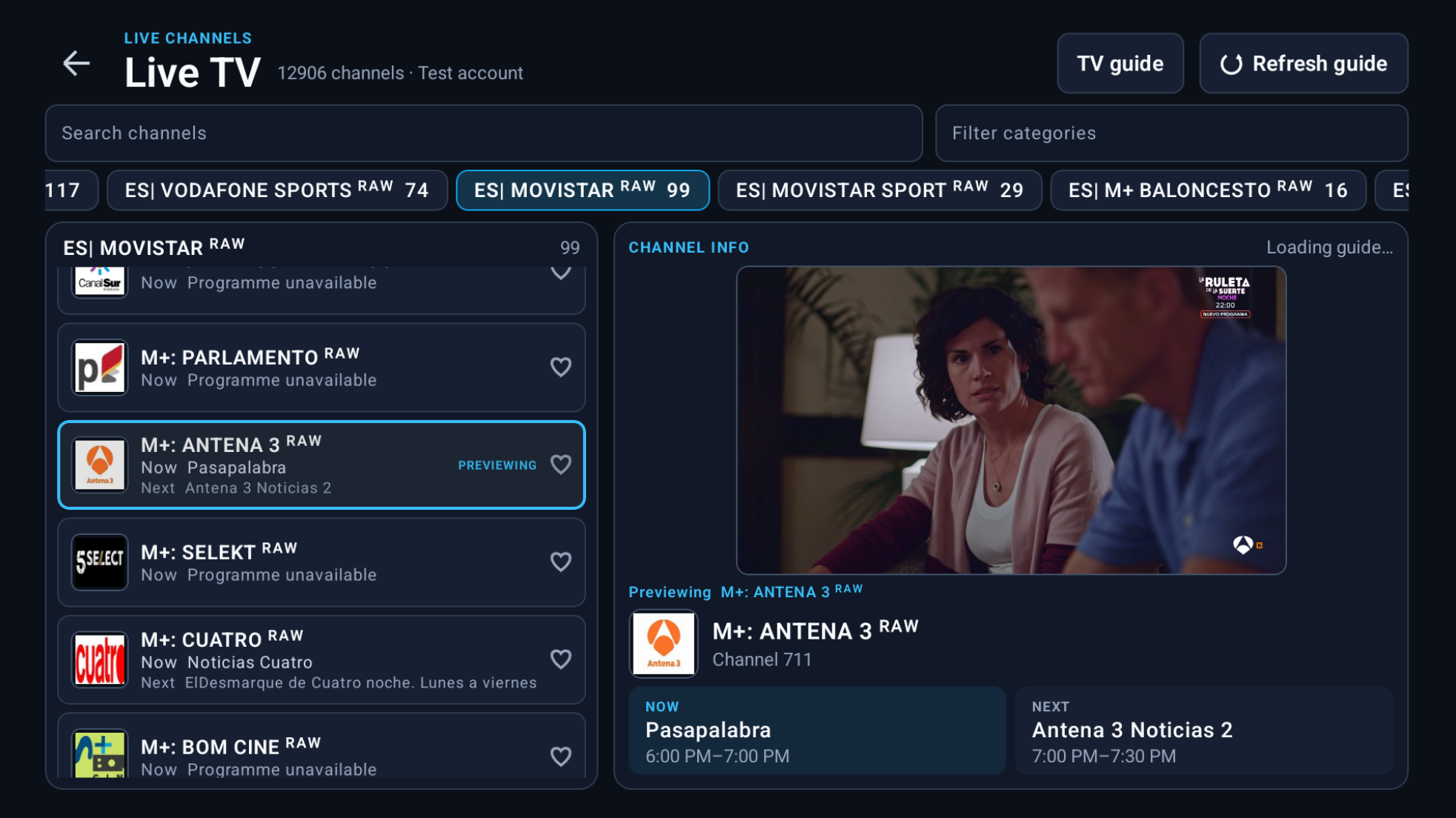 ForgeIPTV Android TV channel list with remote focus, live preview and current and next programme information